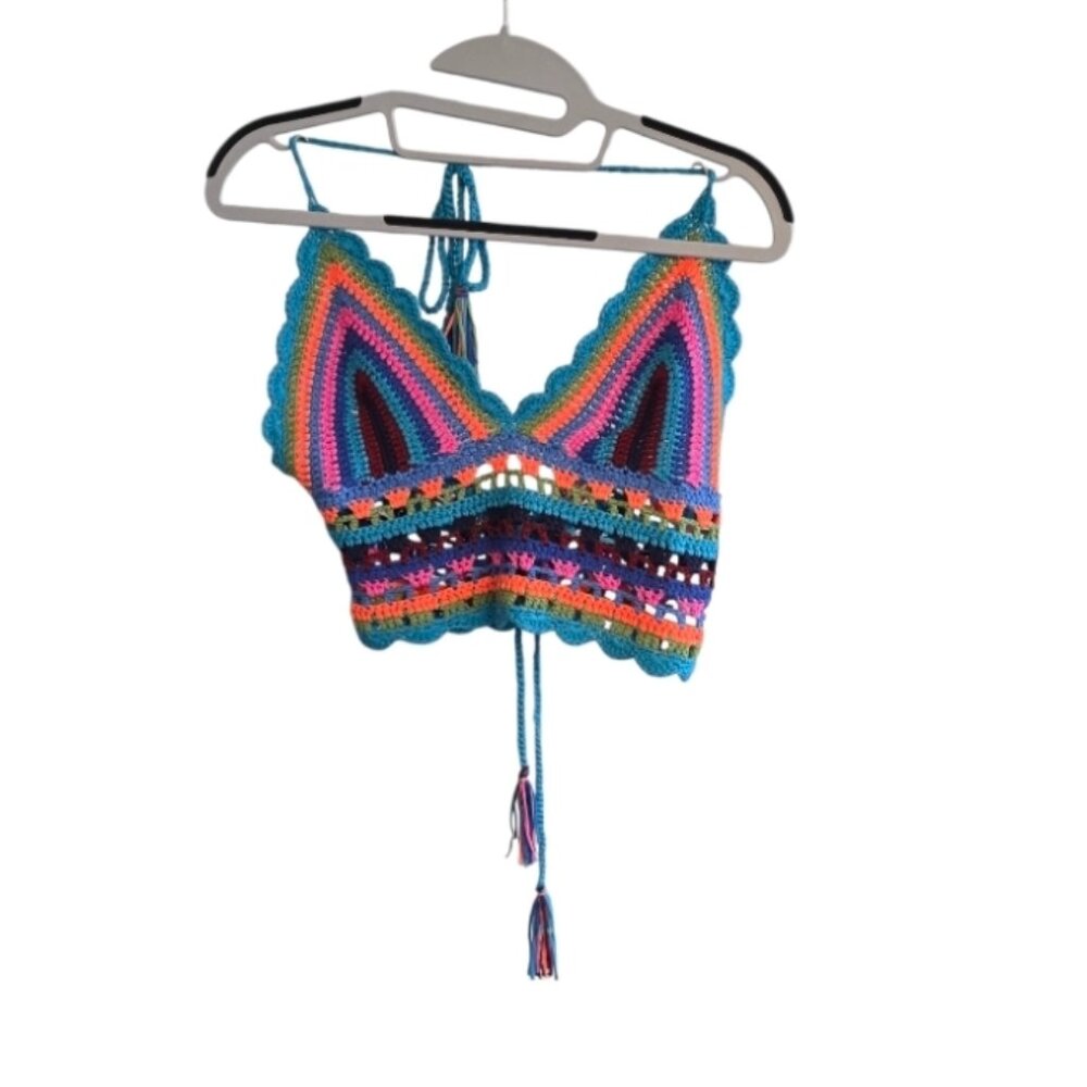 Bestto Boho Festival Crop Top Halter Bralette Size M L Rainbow Tassels - Picture 4 of 16